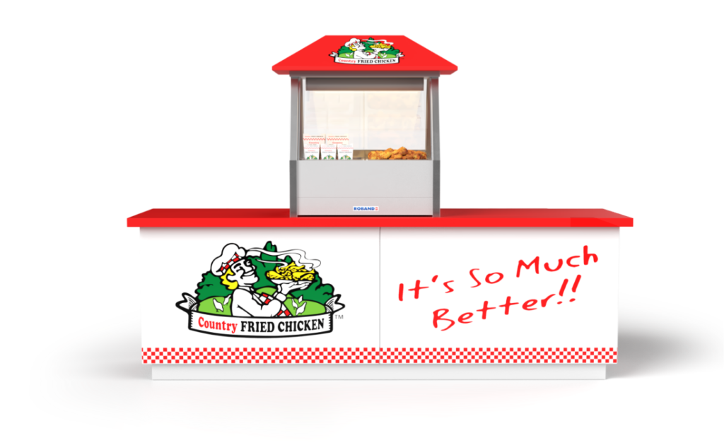 Red and white food stand with sign "It's much better" - Country Fried Chicken